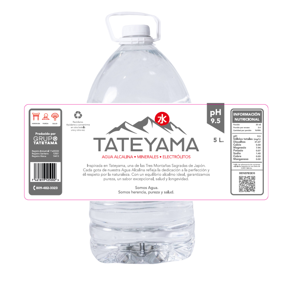 Envase transparente de 5 Litros Agua Alcalina pH 9.5